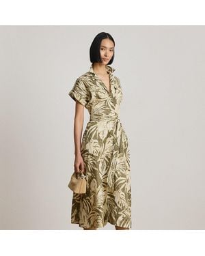 Ralph Lauren Palm-Frond-Print Linen Camp Shirtdress - Metallic