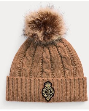 Ralph Lauren Ralph Lauren Crest-patch Pom-pom Cable-knit Beanie - Brown