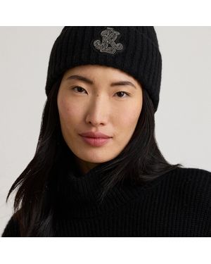 Ralph Lauren Embellished-Bullion Rib-Knit Beanie - Black