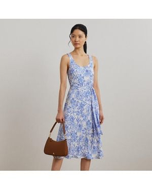 Ralph Lauren Floral Belted Crepe Sleeveless Dress - Blue