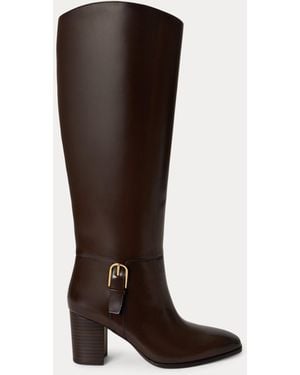 Ralph Lauren Raelynn Glazed Leather Tall Boot Heel - Brown