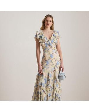 Ralph Lauren Floral Ruffle-Trim Georgette Gown - White