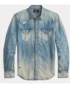 RRL Slim Fit Repaired Denim Western Shirt - Blue