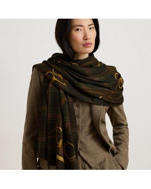 Ralph Lauren Plaid & Belting-Print Wool Wrap Scarf - Brown