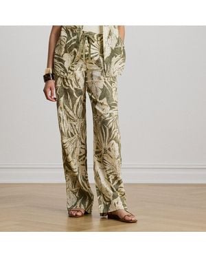 Ralph Lauren Palm-Frond-Print Linen Wide-Leg Pant - Natural