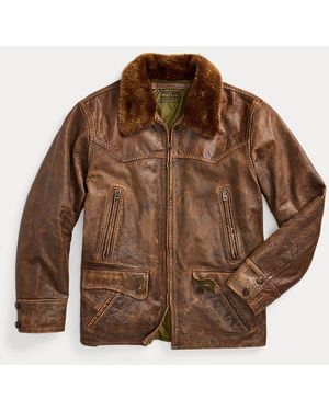 RRL Shearling-Collar Leather Car Coat - Brown