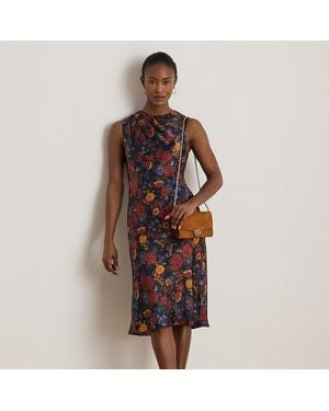 Ralph Lauren Floral Pleated Charmeuse Cocktail Dress - Brown