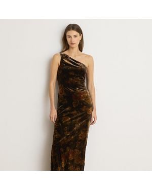 Ralph Lauren Floral Velvet One-Shoulder Gown - Black