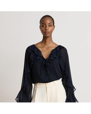 Ralph Lauren Ruffle-Trim Crinkle Georgette Blouse - Blue