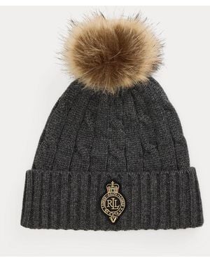 Ralph Lauren Ralph Lauren Crest-Patch Pom-Pom Cable-Knit Beanie - Brown
