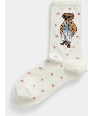 Ralph Lauren Geblümte Crew-Socken Mit Polo Bear - Weiß