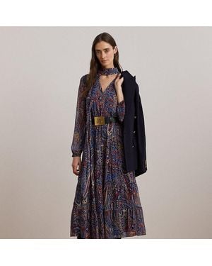 Ralph Lauren Paisley Chiffon Tiered Tie-Neck Dress - Blue