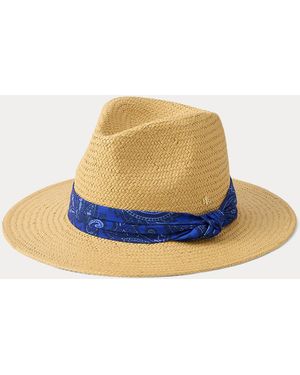 Ralph Lauren Paisley-Scarf-Trim Straw Fedora - Blue