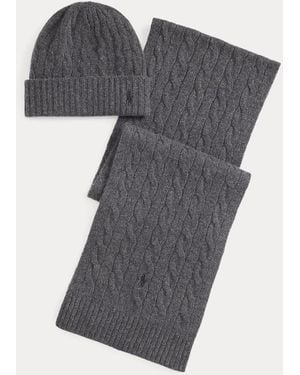 Polo Ralph Lauren Cable-Knit Cashmere Beanie & Scarf Set - Grey