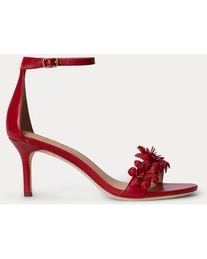 Ralph Lauren Allie Mid-Heel Floral-Trim Nappa Sandal - Red