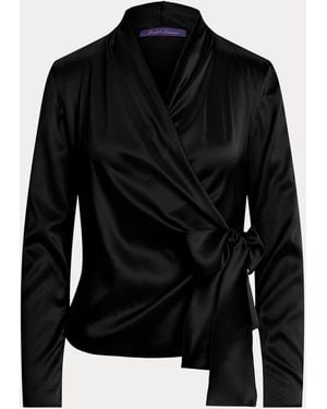 Ralph Lauren Shea Stretch Silk Charmeuse Wrap Blouse - Black