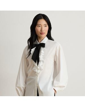 Ralph Lauren Ruffle-Trim Broadcloth Tie-Neck Shirt - Grey