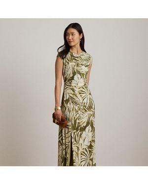 Ralph Lauren Palm-Frond-Print Jersey Cowlneck Dress - Metallic