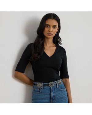 Ralph Lauren Stretch Cotton Elbow-Sleeve V-Neck Tee - Black
