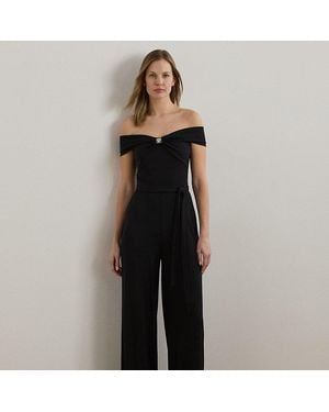 Ralph Lauren Belted Jersey Off-The-Shoulder Jumpsuit - Black