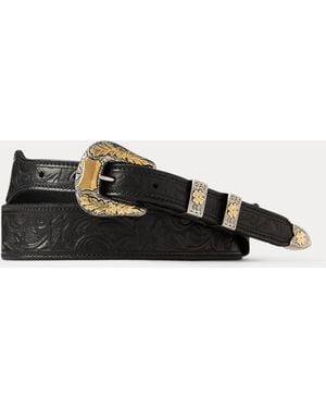 Ralph Lauren Hand-Tooled Leather Western Belt - Black