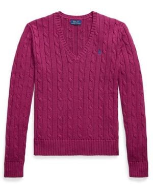 Polo Ralph Lauren Maglia in cotone a trecce con scollo a V - Viola