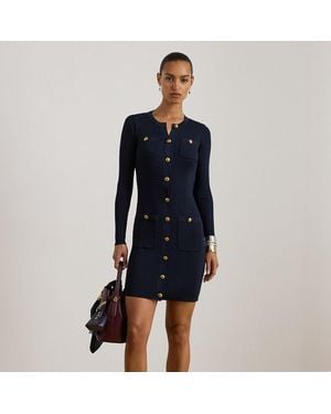 Ralph Lauren Button-Trim Rib-Knit Jumper Dress - Blue