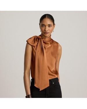 Ralph Lauren Tie-Neck Charmeuse Sleeveless Blouse - Brown