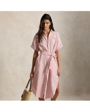 Polo Ralph Lauren Short-Sleeved Striped Linen Shirt Dress - Pink