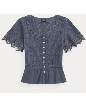 RRL Geborduurde Katoenen-Linnen Jersey Top - Blauw