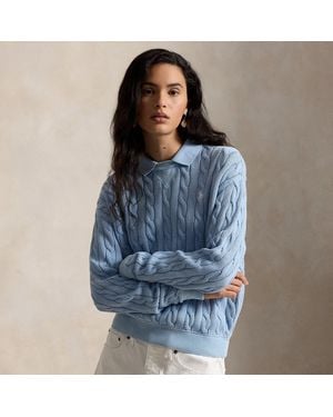 Ralph Lauren Cable-Knit Cotton Polo-Collar Sweater - Blue