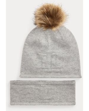 Ralph Lauren Logo Headband & Pom-Pom Beanie Gift Set - Grey