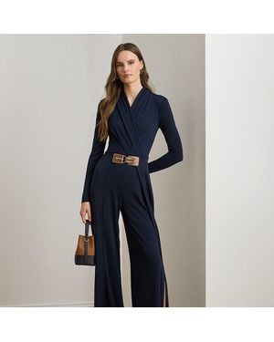 Ralph Lauren Buckle-Trim Jersey Surplice Jumpsuit - Blue