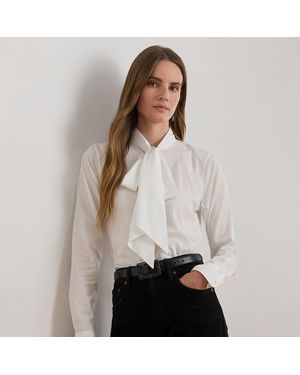 Ralph Lauren Bow-Trim Cotton Broadcloth Shirt - Grey
