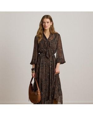 Ralph Lauren Paisley Georgette Tie-Neck Tiered Dress - Brown