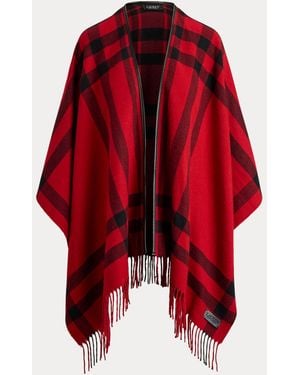 Ralph Lauren Plaid Fringe-Trim Ruana - Red