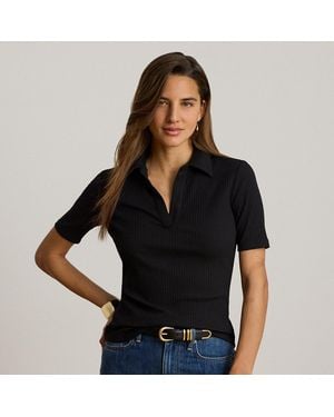 Ralph Lauren Rib-Knit Elbow-Sleeve Polo Tee - Black