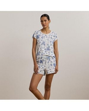 Ralph Lauren Striped Lace-Trim Rib-Knit Boxer Pj Set - Blue