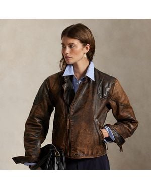 Polo Ralph Lauren Cazadora Motera De Piel Agrietada - Marrón