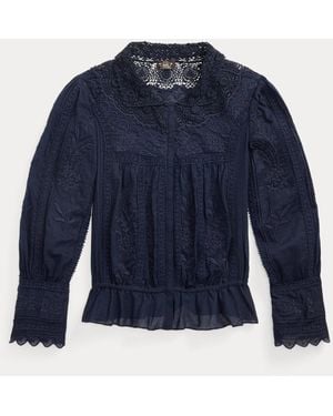 RRL Geborduurde Blouse Van Voile En Kant - Blauw