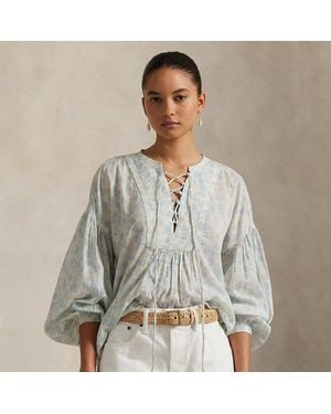 Polo Ralph Lauren Floral Cotton Lace-Up Blouse - Blue
