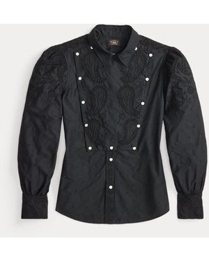 RRL Embroidered Cotton Bib-Front Blouse - Black