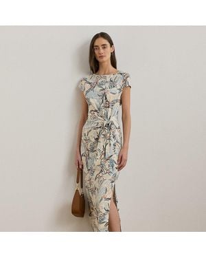 Ralph Lauren Tie-Front Print Boatneck Midi Dress - White