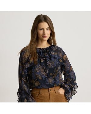 Ralph Lauren Ruffle-Trim Floral Georgette Blouse - Black