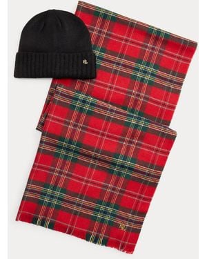 Ralph Lauren Set Van Geruite Sjaal En Gebreide Beanie - Rood