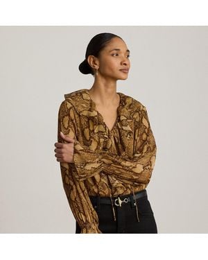 Ralph Lauren Print Ruffle-Trim Georgette Blouse - Brown