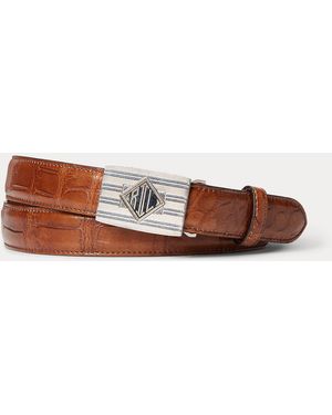 Ralph Lauren Monogram-Buckle Burnished Alligator Belt - Brown