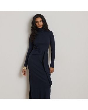 Ralph Lauren Tie-Front Cotton-Blend Roll Neck Dress - Blue