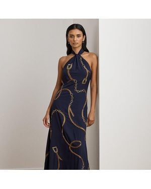 Ralph Lauren Ralph Lauren Belting-Motif Sequined Crepe Halter Gown - Blue