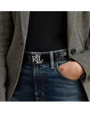 Ralph Lauren Logo Reversible Croc-Embossed Belt - Black